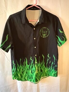 ROMWE Black & Green Flame Button-Up Shirt